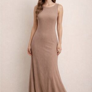AQUA Ribbed Sleeveless Midi/Maxi Dress – Taupe/Nude